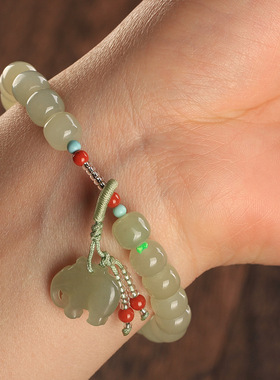 和田玉手链晴水老型珠搭小象