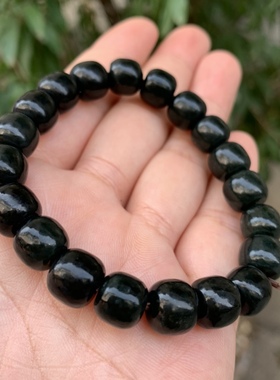 天然新疆和田玉青玉老型珠手串10mm单圈手链男女和田玉桶珠手串