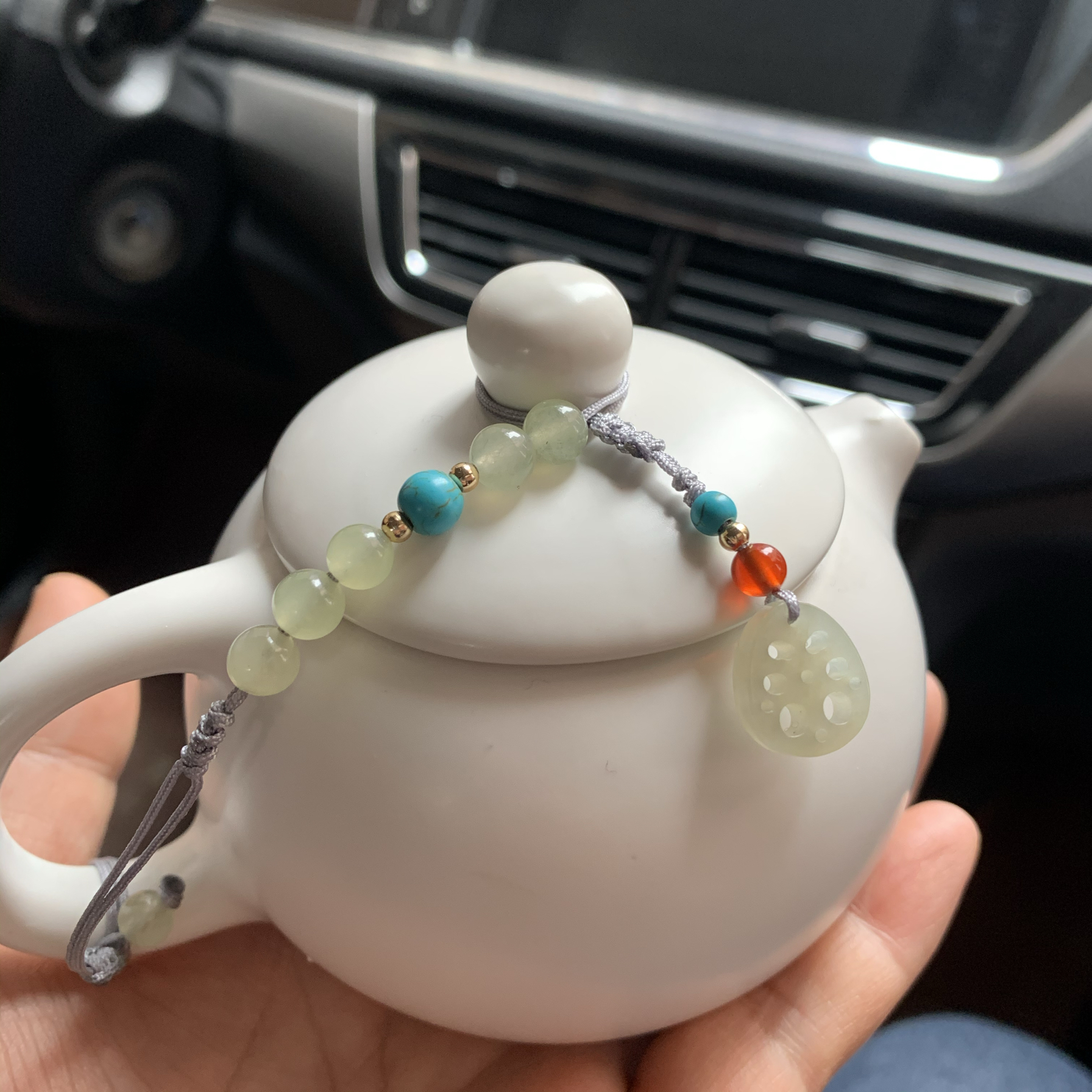 和田玉莲藕片杯盖防掉绳防烫拴茶壶专用绳壶盖挂饰壶钮小挂件通用