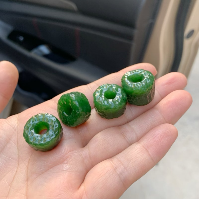 天然和田玉碧玉老光珠菠菜绿路路通桶珠算盘珠DIY配饰大孔转运珠