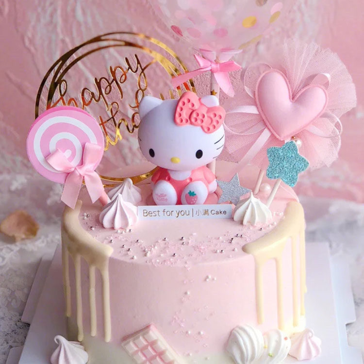 粉色系少女心小猫网纱蕾丝爱心棒棒糖插件女孩派对生日蛋糕装饰l