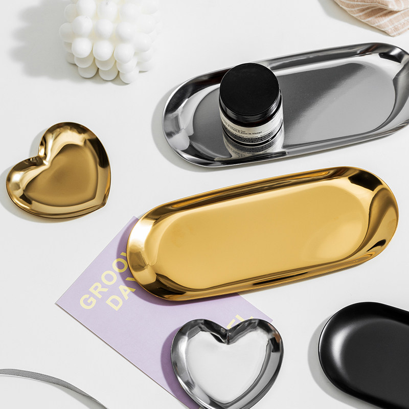 ins北欧黄铜金属不锈钢金色托盘银色托盘收纳小碟子首饰收纳盘