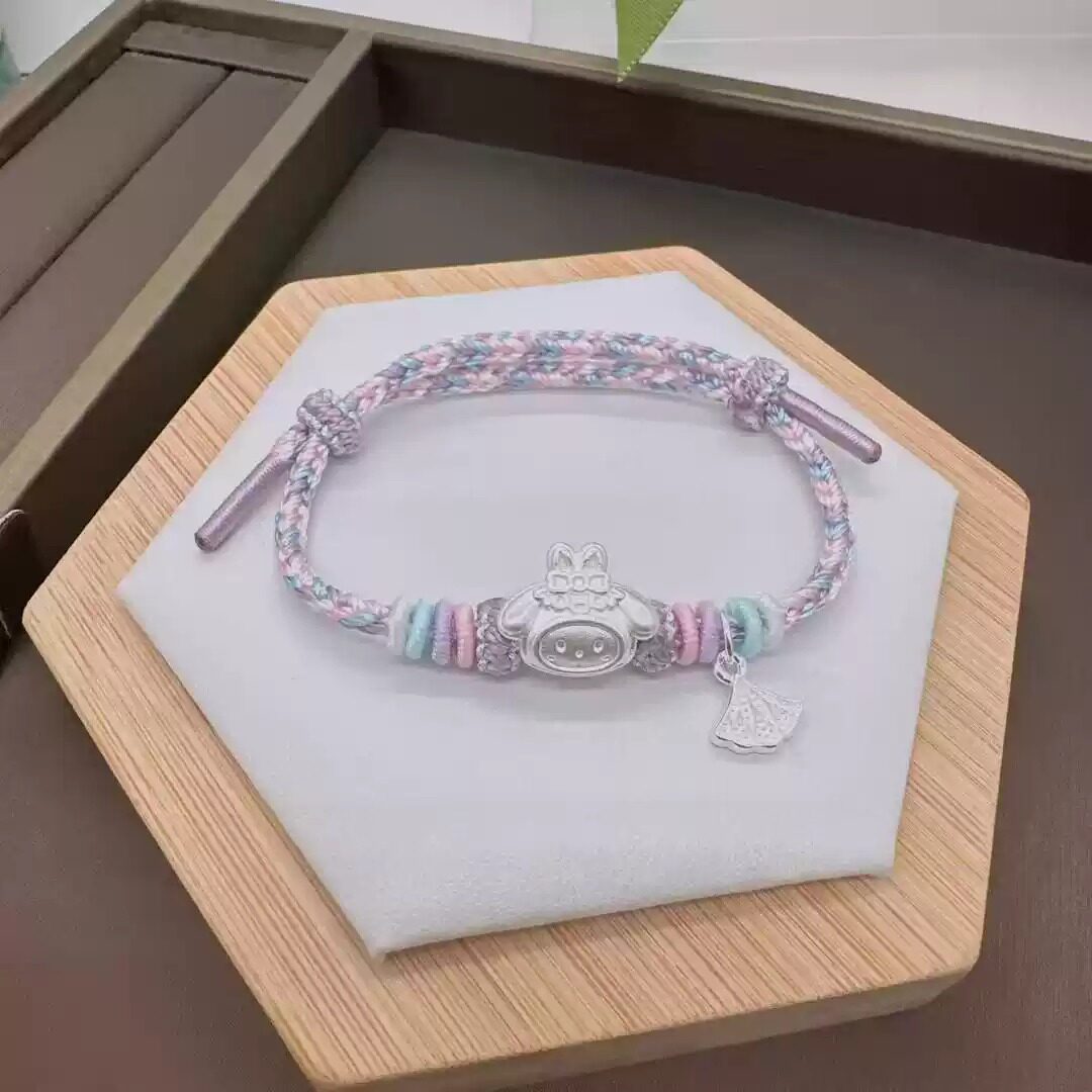 足银999精品三件套KT猫手绳子手工编织手链儿童女孩生日礼物
