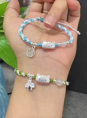 足银999法棍猫手链纯银可爱猫编织手绳福牌转运珠儿童女孩礼物