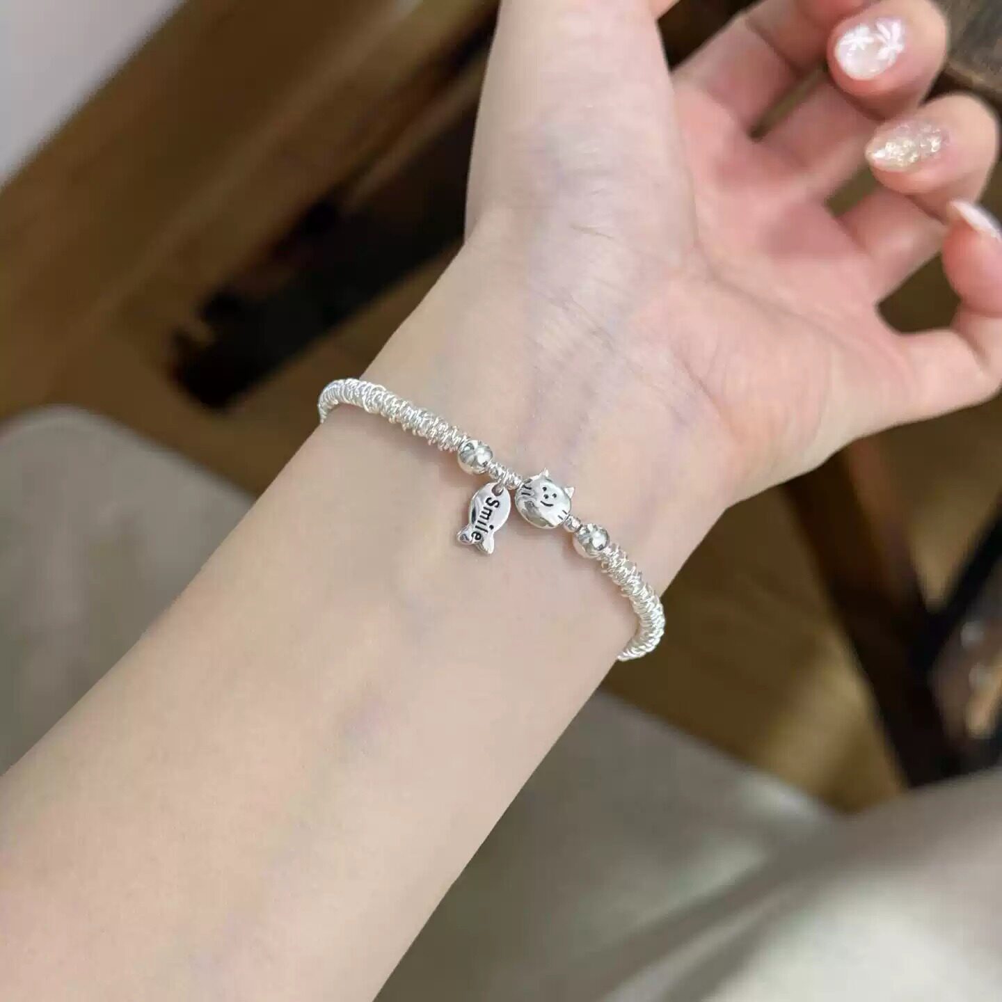 足银S999小猫吃鱼盘缠纯银手链女小众碎银子镀银手镯手串闺蜜礼物