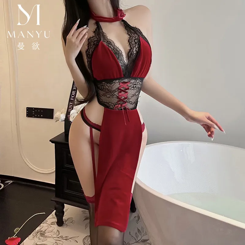 4667潮尚夜总会内衣性感蕾丝透视高腰开叉玫瑰舞姬旗袍制服连衣裙