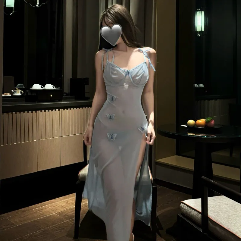 5271潮尚夜总会内衣性感透视网纱惑露背睡衣纯欲风高开叉吊带长裙