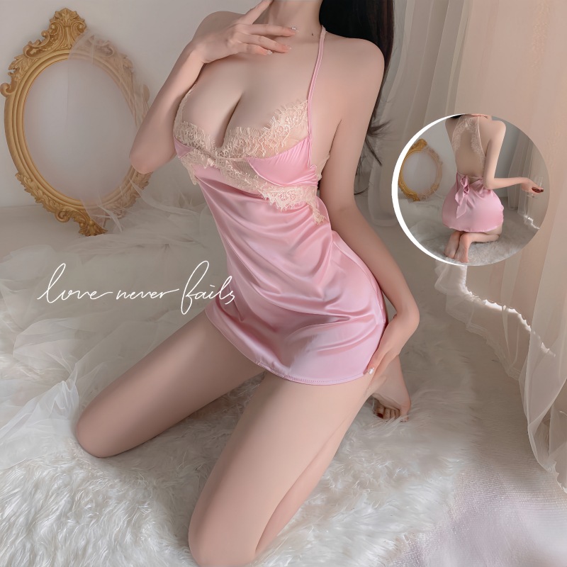 1269夜店露肩性感睡衣女薄款冰丝感吊带睡裙蕾丝诱惑镂空连衣裙