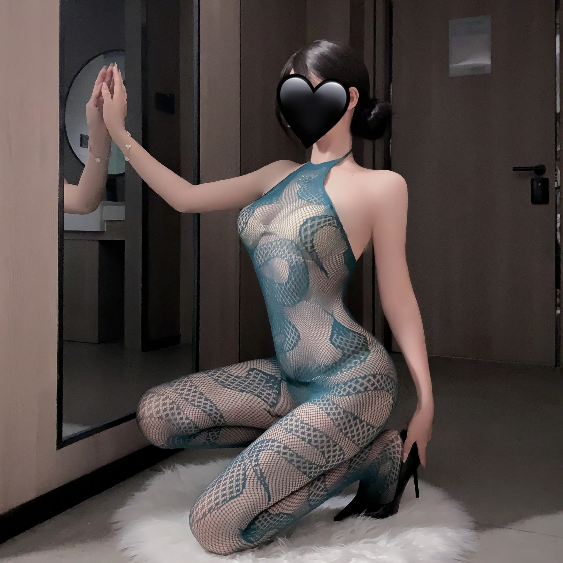 6234潮尚夜总会来运转提花内衣渔网调情可撕黑丝透视挂脖连体衣