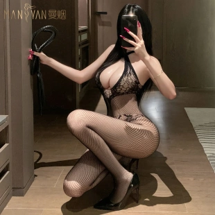 5157潮尚夜总会挂脖交叉连身袜性感镂空透开档修身 网衣制服连体衣