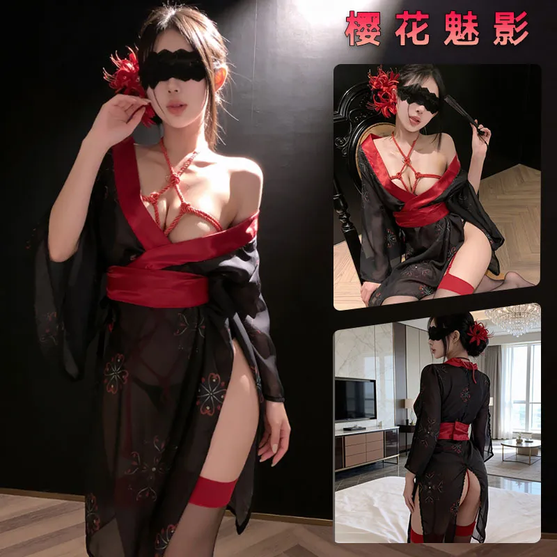 7440潮尚夜总会性感日系纯和服制服印花睡衣黑色和服角色扮演套装