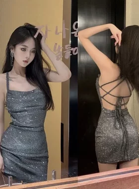 5452潮尚夜总会性感露背绑带性感辣妹风连衣裙子女小个子包臀短裙