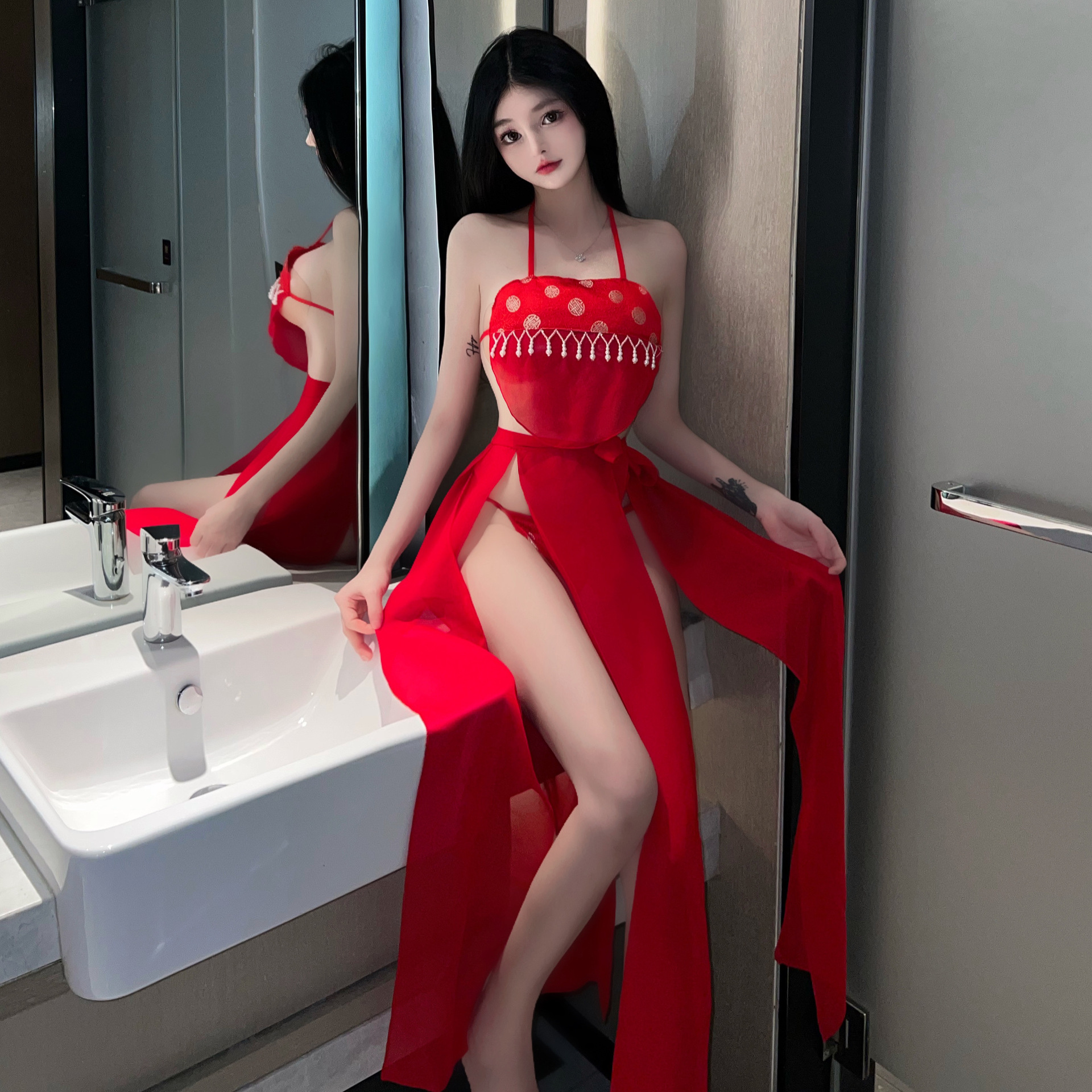 2732【潮尚夜总会】内衣性感红色新娘敦煌飞天古典旗袍肚兜吊带