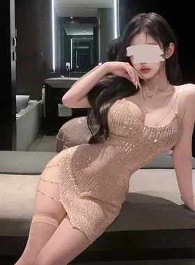 7029潮尚夜总会名媛夜店闪亮亮片链条显瘦包臀短裙女透视装连衣裙
