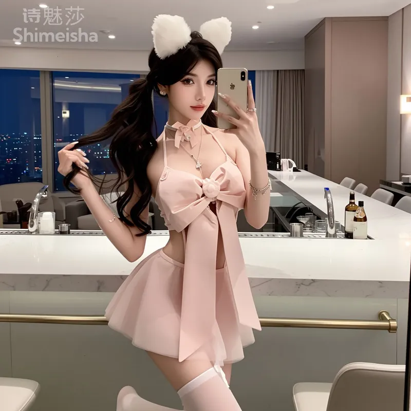 8271潮尚夜总会粉色蝴蝶结三点式内衣纯欲拼接网纱透视免脱套装