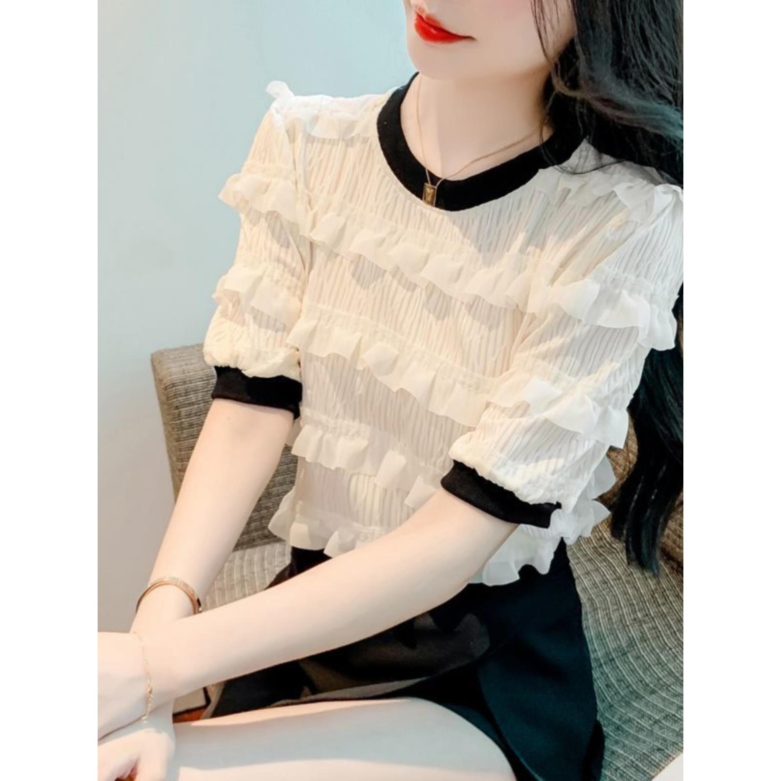 拼接撞色荷叶边雪纺衫女夏季设计感小众圆领短袖上衣减龄气质小衫