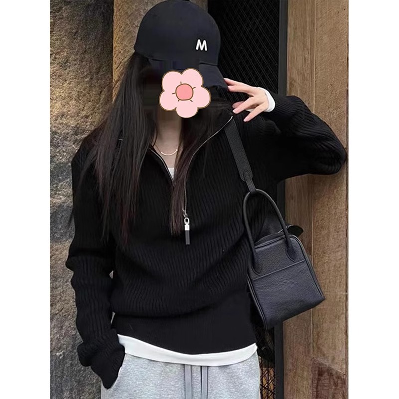 灰色半拉链高领毛衣打底衫女