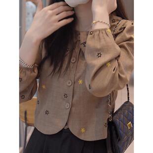 新款 法式 女2025秋季 衬衫 减龄上衣潮 时髦撞色印花娃娃领单排扣长袖
