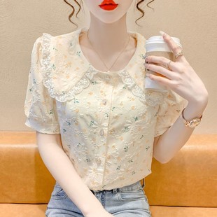设计感小众女上衣夏2024新款 法式 甜美娃娃领碎花泡泡短袖 洋气小衫