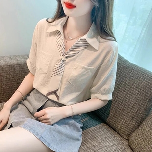 雪紡上衣2025新款 高級感法式 女短袖 夏季 氣質(zhì)領(lǐng)帶襯衫 正肩顯瘦襯衣