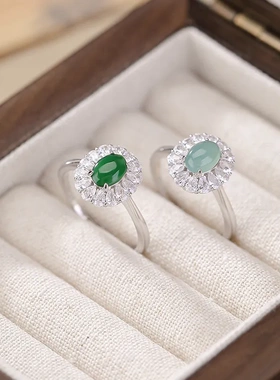 缘绘凤仪 S925纯银蓝水翡翠绿翡翠复古轻奢太阳花蛋面戒指戴妃款