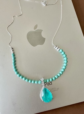 缘绘凤仪 天然绿松石 仿真帕拉伊巴碧玺吊坠 925银项链女锁骨链