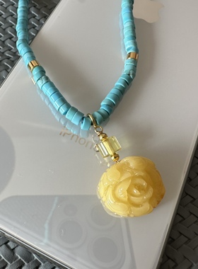缘绘凤仪 天然原矿绿松石莲蓬锁骨链 牡丹蜜蜡吊坠 实物拍 仅一件