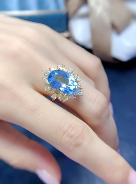 缘绘凤仪 天然天空蓝托帕戒指925银空托精工镶嵌10*14mm