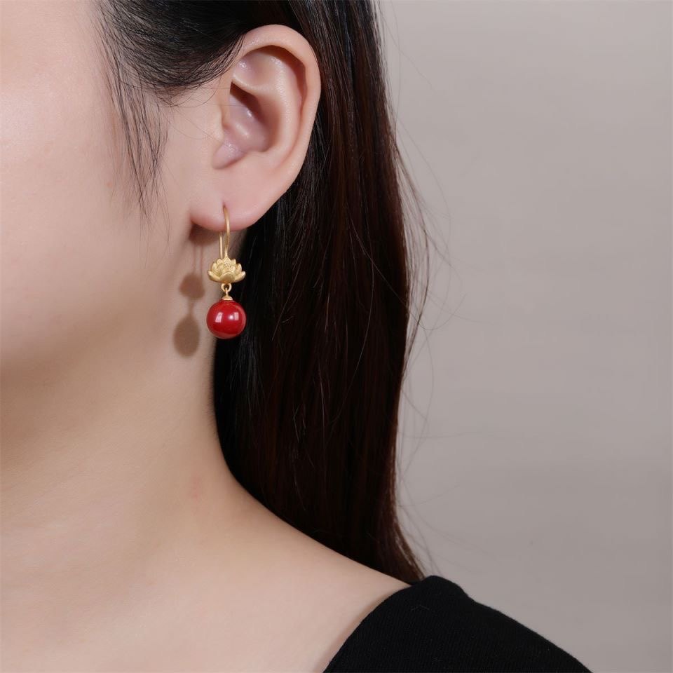 缘绘凤仪 高含量帝王砂耳坠S925通体银镶镀金色莲花耳饰朱砂