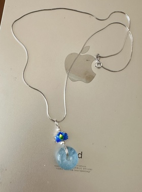缘绘凤仪S925纯银蛇骨链 纯银烧蓝蓝莲花 海蓝宝平安扣吊坠项链