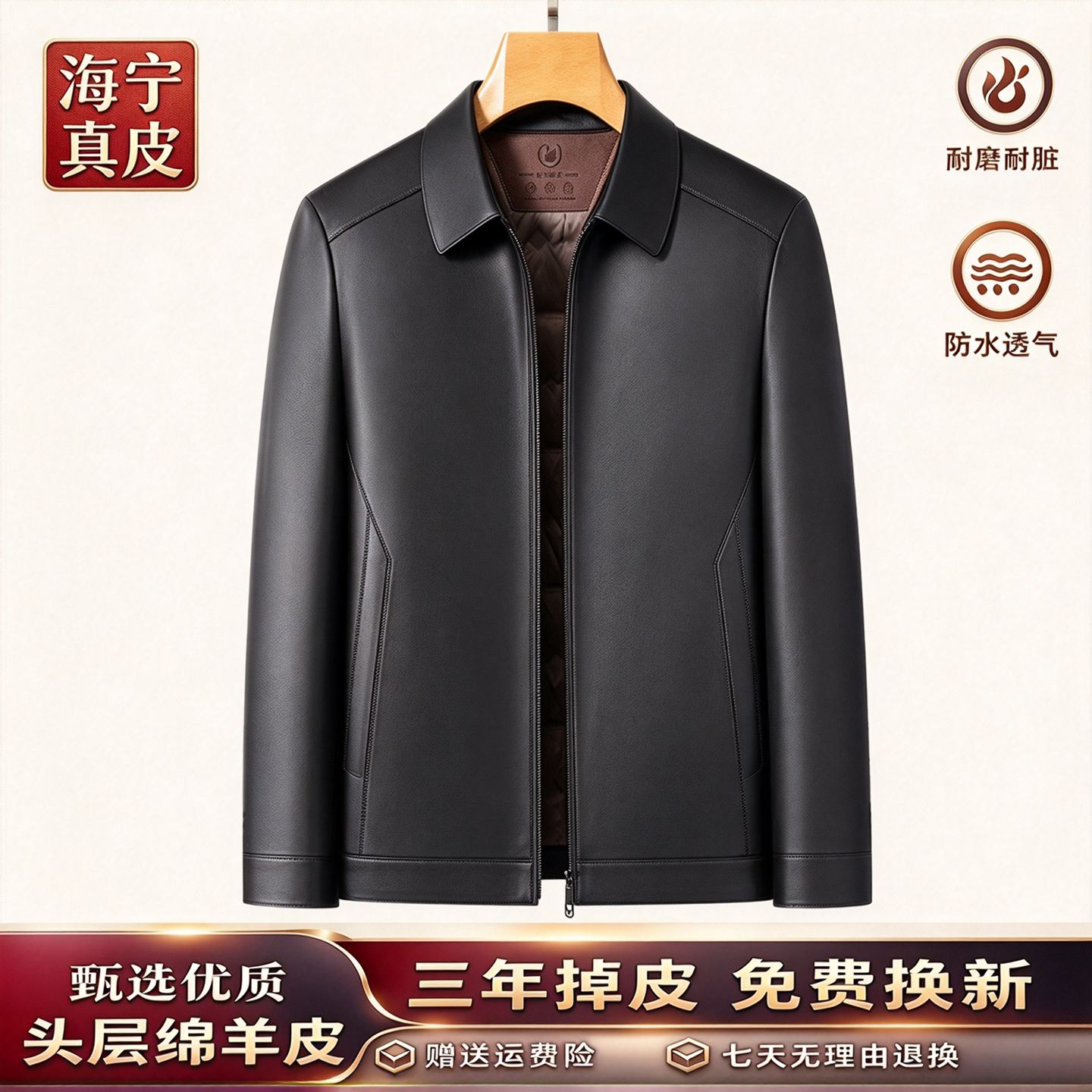海宁冬季新款真皮皮衣男士羽绒服绵羊皮中年爸爸装高档皮夹克外套