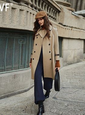 DFVF伊元素2025年春秋新款撞色皮袢英伦风双排扣长款风衣女外套