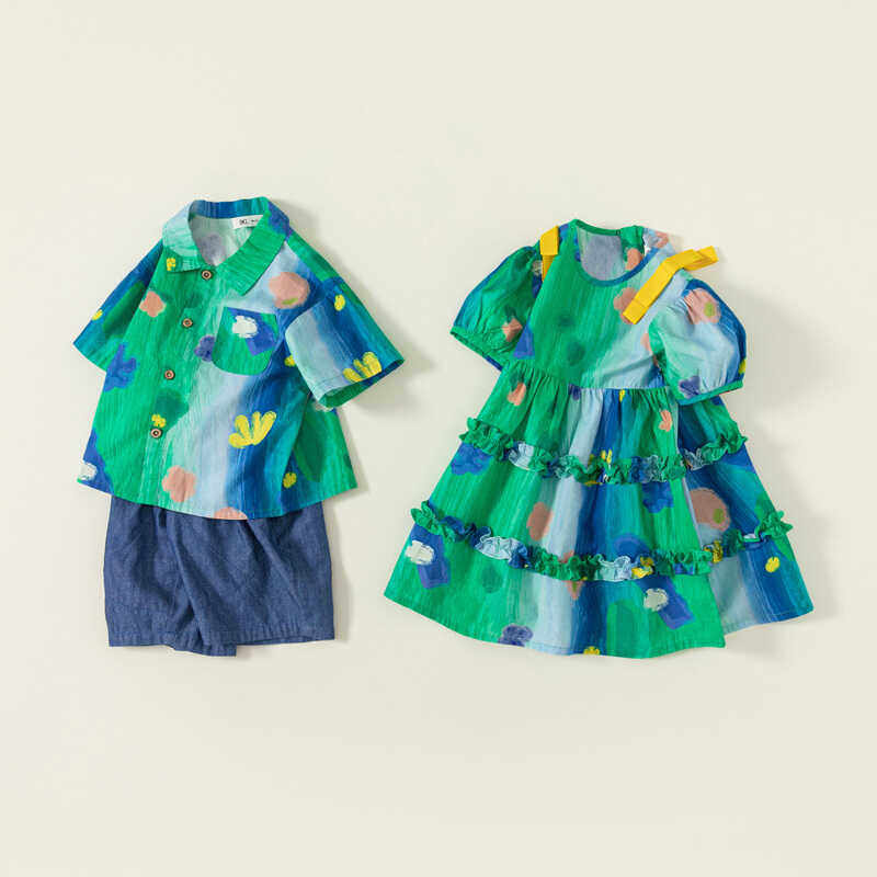 夏季姐弟兄妹装涂鸦印花女童连衣裙男童套装女孩公主裙子休闲童装,童装/婴儿装/亲子装,套装,淘宝优惠券,粉丝福利购,淘宝优惠卷