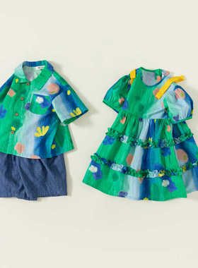 夏季姐弟兄妹装涂鸦印花女童连衣裙男童套装女孩公主裙子休闲童装