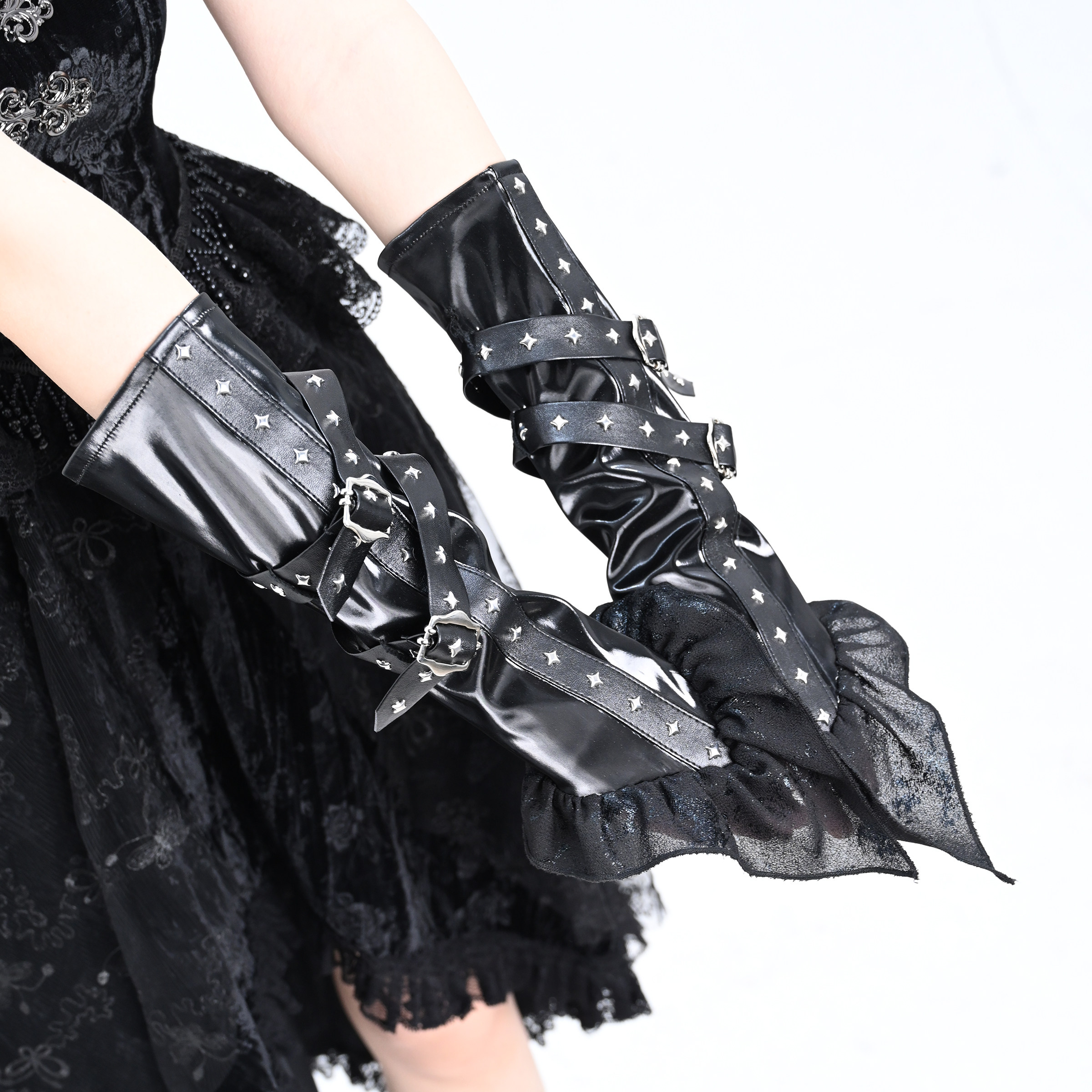 BROKEN BONE ORIGINAL DARK LIQUID GOTHIC NICHE PU SHINY LEATHER METAL BUCKLE SUNSCREEN FINGER GLOVES CUFF COVER