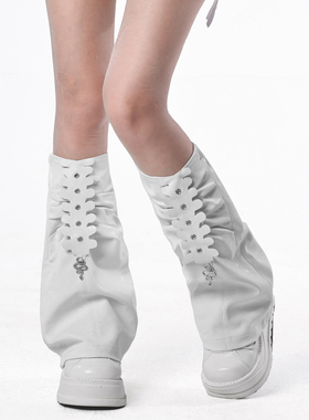 Broken bone原创 亚文化小众百搭PU亮皮蛇纹抽褶白色拼接腿套腿袜