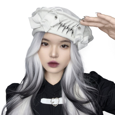 蝴蝶结画家帽白色贝雷帽