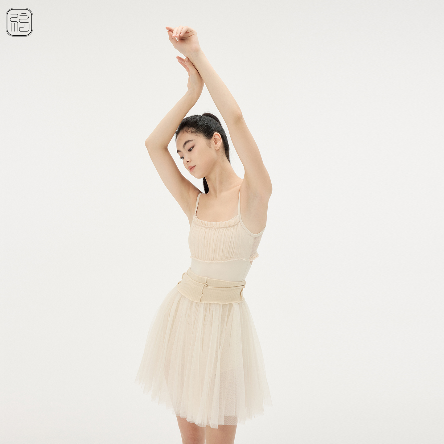 福生若舞 褶皱网纱纽结 芭蕾舞蹈瑜伽连体服