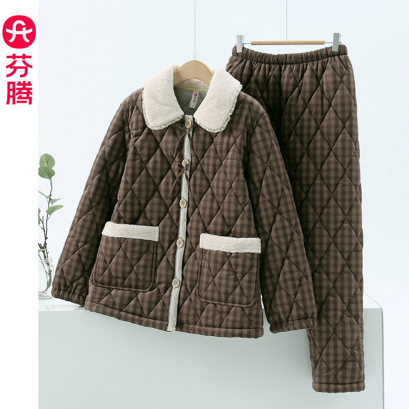 芬腾夹棉睡衣女士冬季加绒三层加厚保暖珊瑚绒家居服套装2025新款