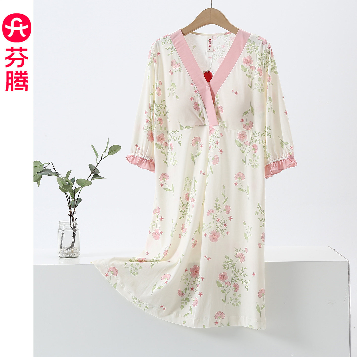 芬腾纯棉夏季碎花中袖带胸垫睡裙图片