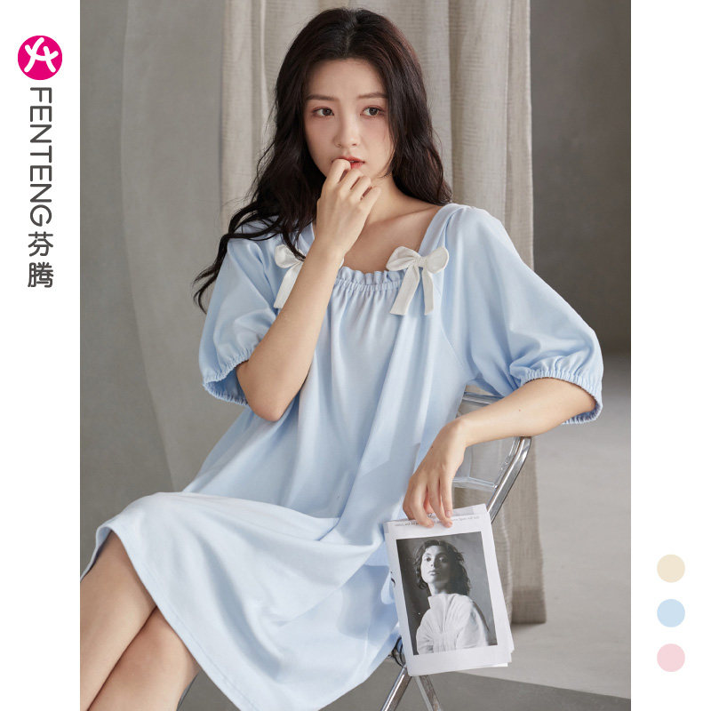 芬腾睡裙女夏季纯棉法式连衣裙夏天薄款短袖睡衣女生夏款性感短裙