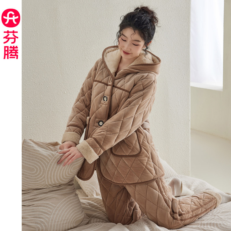 芬腾珊瑚绒夹棉睡衣女秋冬三层加厚连帽大口袋外穿家居服套装2025