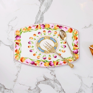 中古陶艺花卉陶瓷纯平盘欧式风格轻奢垫盘平面摆盘首饰展示盘孤品