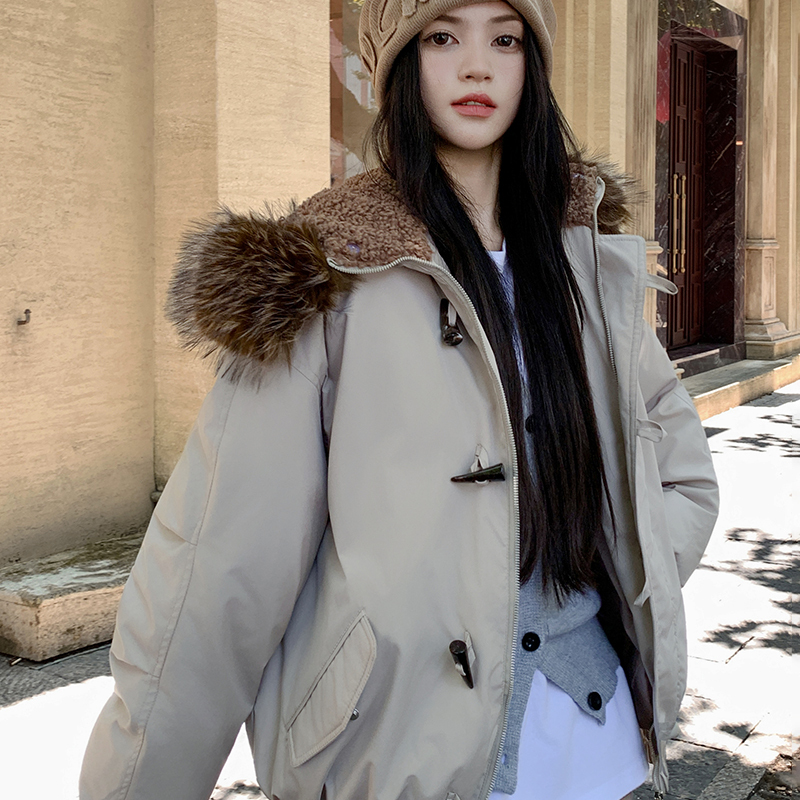 新款冬季派克服工装棉服毛领加厚保暖连帽短款宽松