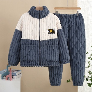 冬季 法兰绒家居服送爸爸 中老年人男士 珊瑚绒三层夹棉加厚睡衣大码