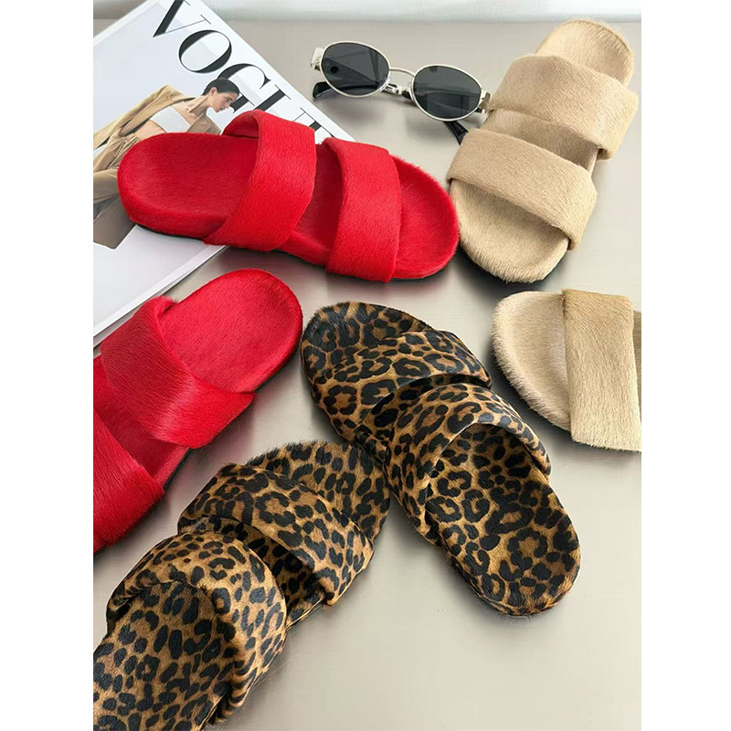 【欧货】真皮马毛豹纹一字拖鞋女外穿2026夏新款时尚百搭厚底凉拖