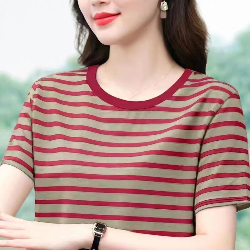 纯棉妈妈条纹正肩圆领短袖t恤女装夏季新款洋气上衣休闲百搭宽松