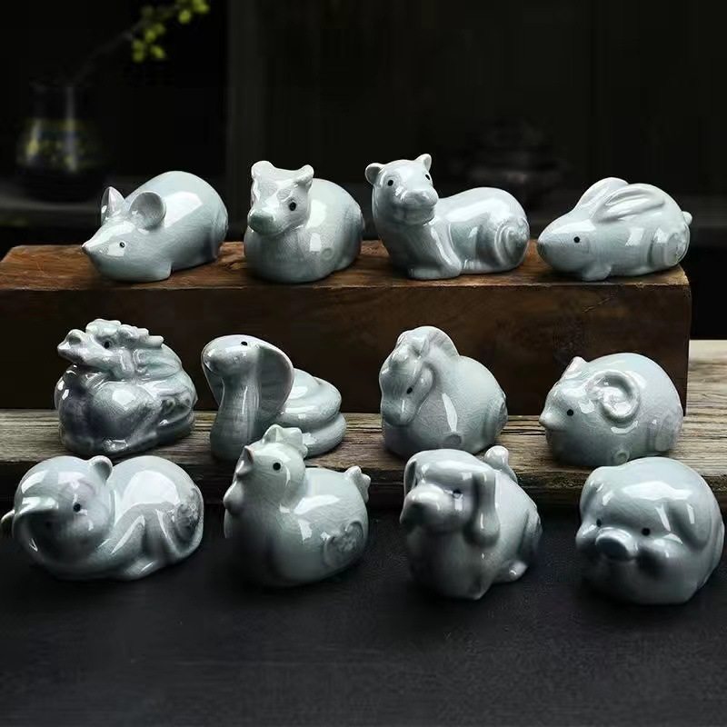 生肖茶宠可养茶艺个性可爱陶瓷茶宠摆件整套十二生肖动物茶宠盆栽