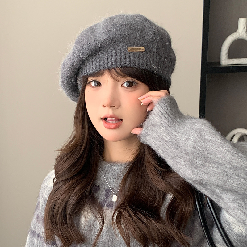 韩版百搭针织灰色贝雷帽女冬季保暖蓓蕾画家帽显脸小大头围帽子潮