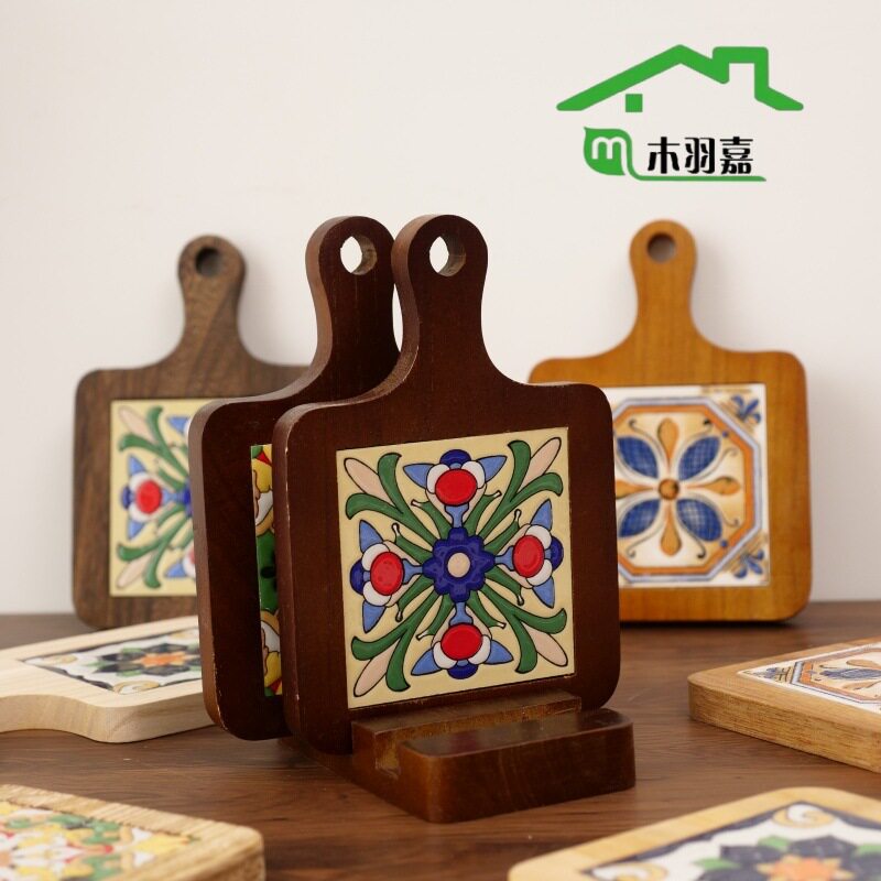 实木隔热垫复古防烫花砖把手砂锅垫家用创意木质杯垫耐高温餐具垫